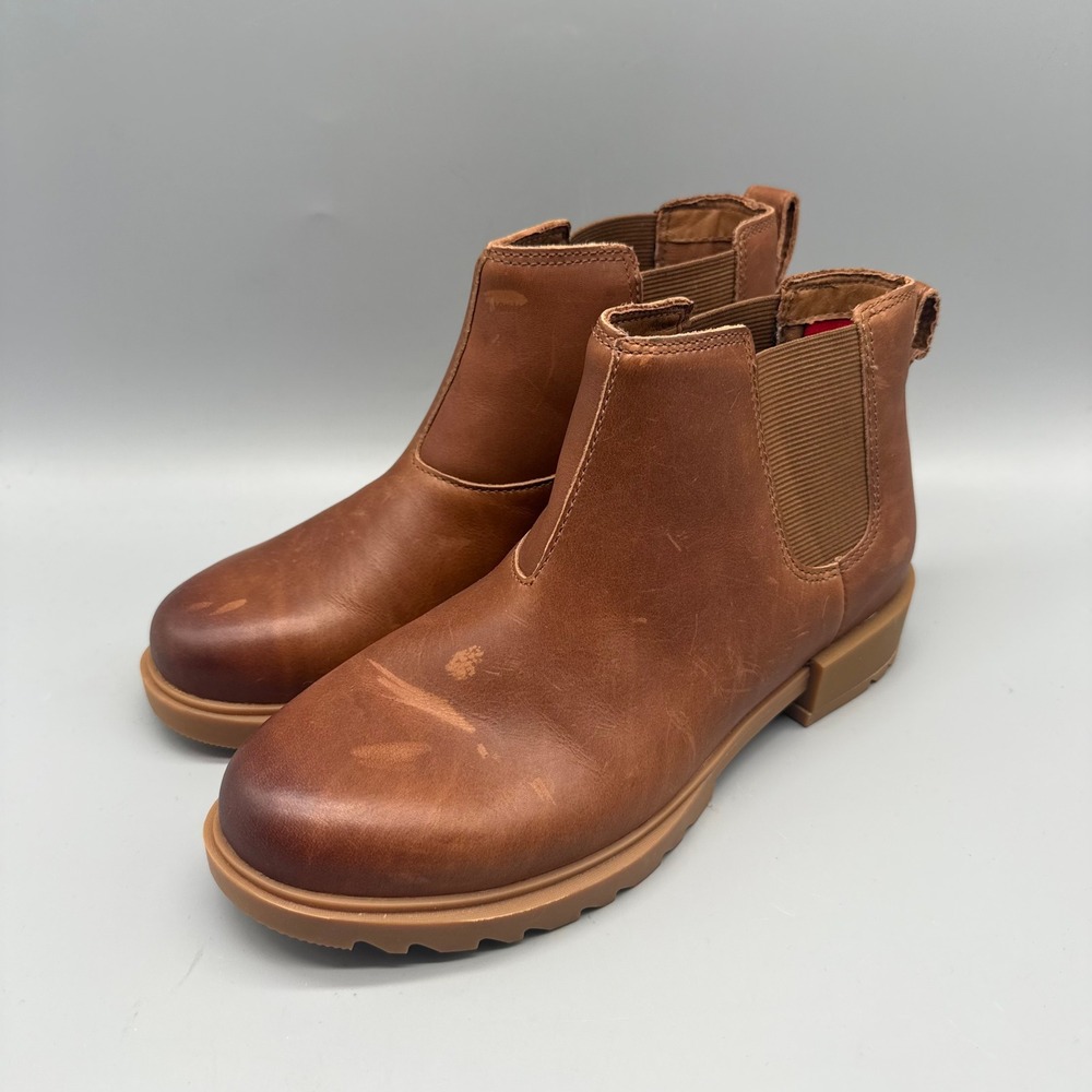 Sorel Lennox Chelsea Boots Tan Brown Leather Waterproof Lug Sole‎ NL4323-245 6.5